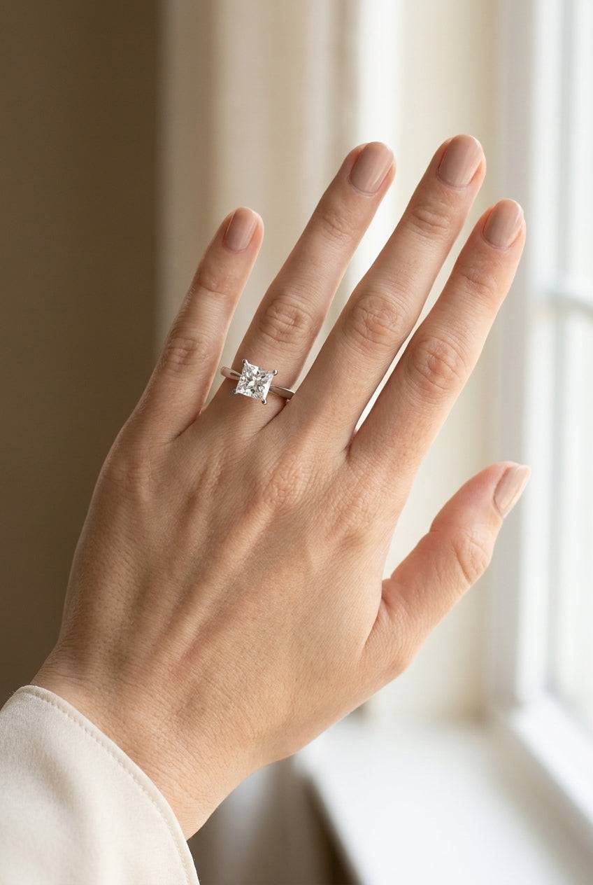 5 carat princess lab grown diamond engagement ring - full hand scale