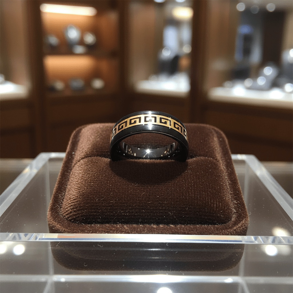 ERDIL — Premium boutique display on velvet — men's tungsten wedding ring.