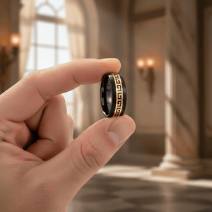 ERDIL — Held between fingers close-up — men's tungsten wedding ring.