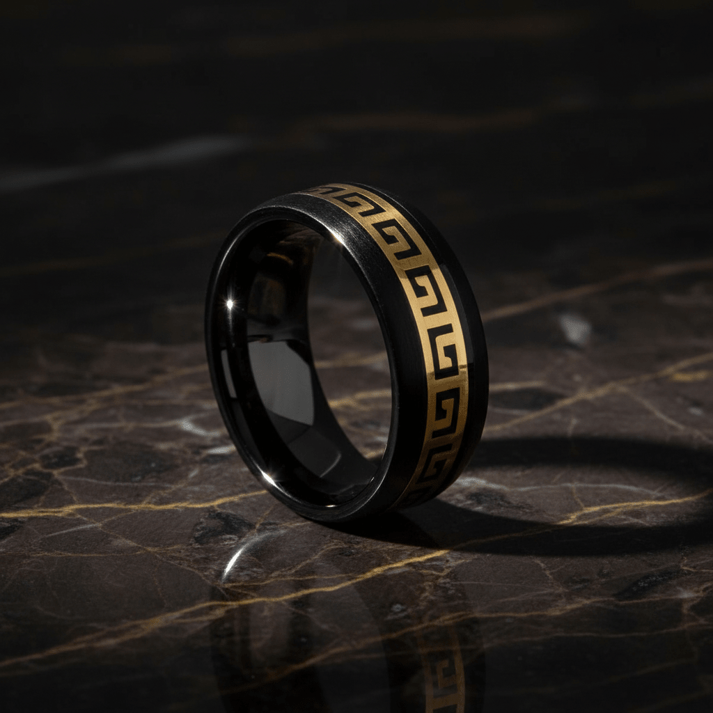 ERDIL — Luxury 3/4 angle on dark marble — men's tungsten wedding ring.