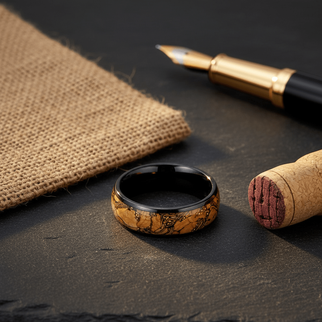 ERMIS — Editorial masculine still life — men's tungsten wedding ring.