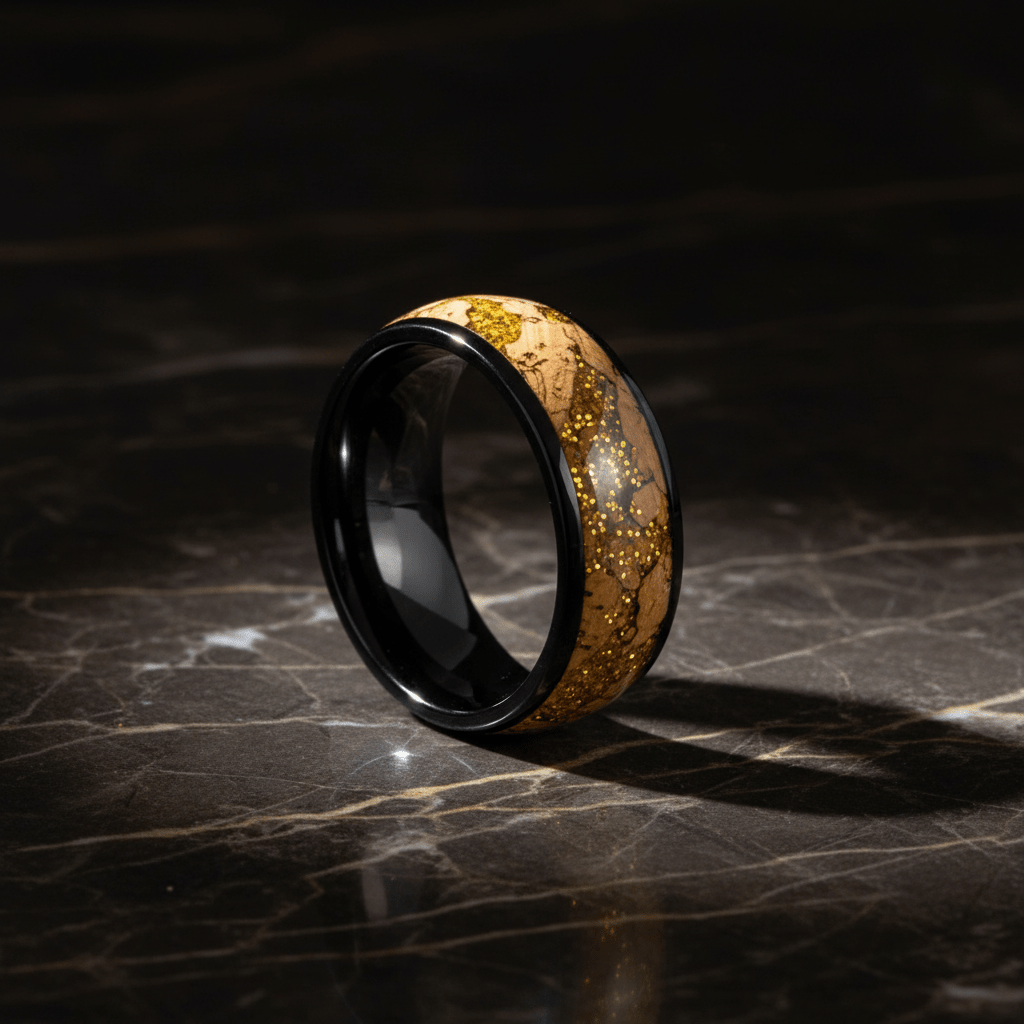 ERMIS — Luxury 3/4 angle on dark marble — men's tungsten wedding ring.
