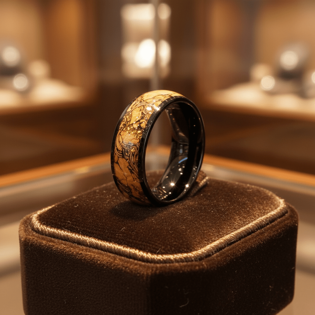 ERMIS — Premium boutique display on velvet — men's tungsten wedding ring.
