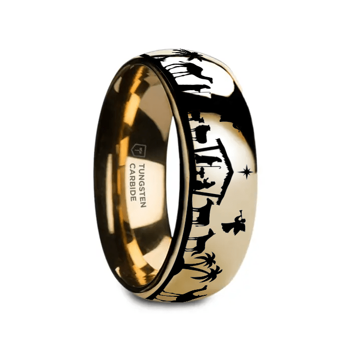 EVE gold tungsten ring with nativity scene laser-engraved around the band – Aydins Jewelry