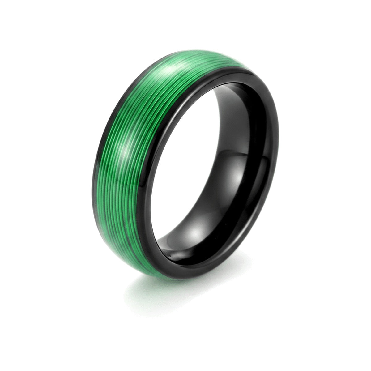 EVERGREEN black tungsten wedding ring with rolled green wire inlay - front view