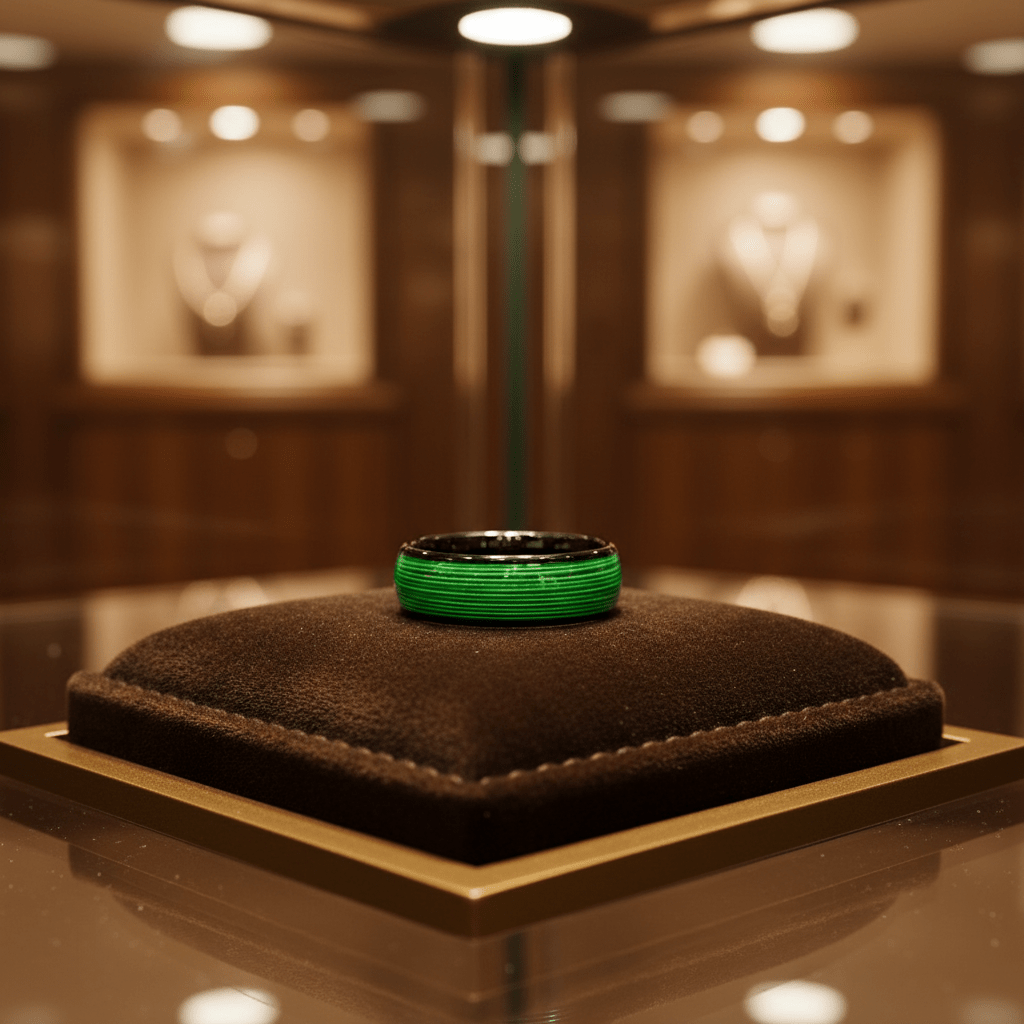 EVERGREEN — Premium boutique display on velvet — men's tungsten wedding ring.