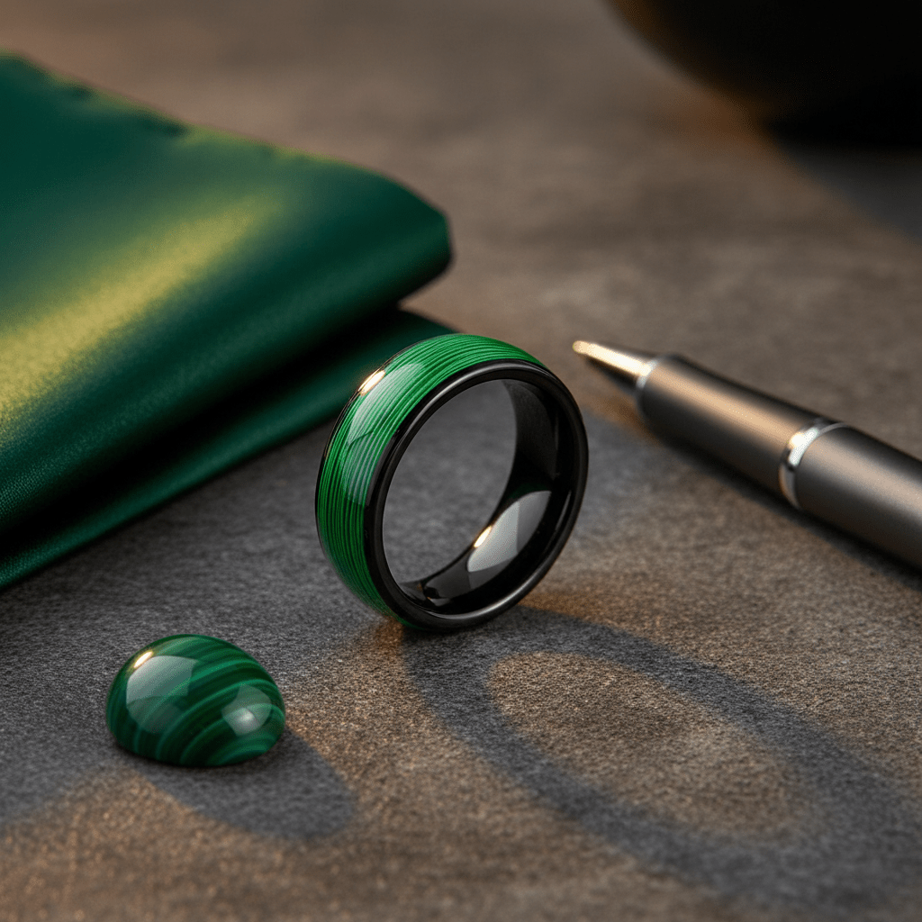 EVERGREEN — Editorial masculine still life — men's tungsten wedding ring.