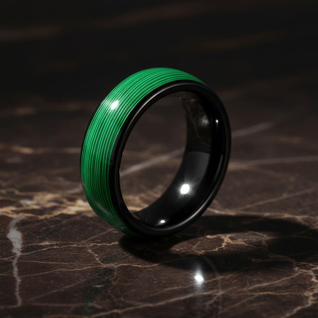 EVERGREEN — Luxury 3/4 angle on dark marble — men's tungsten wedding ring.
