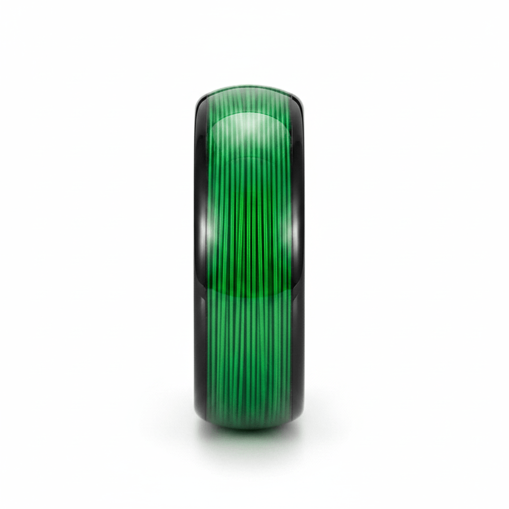 EVERGREEN — Front-facing straight-on view — men's tungsten wedding ring.