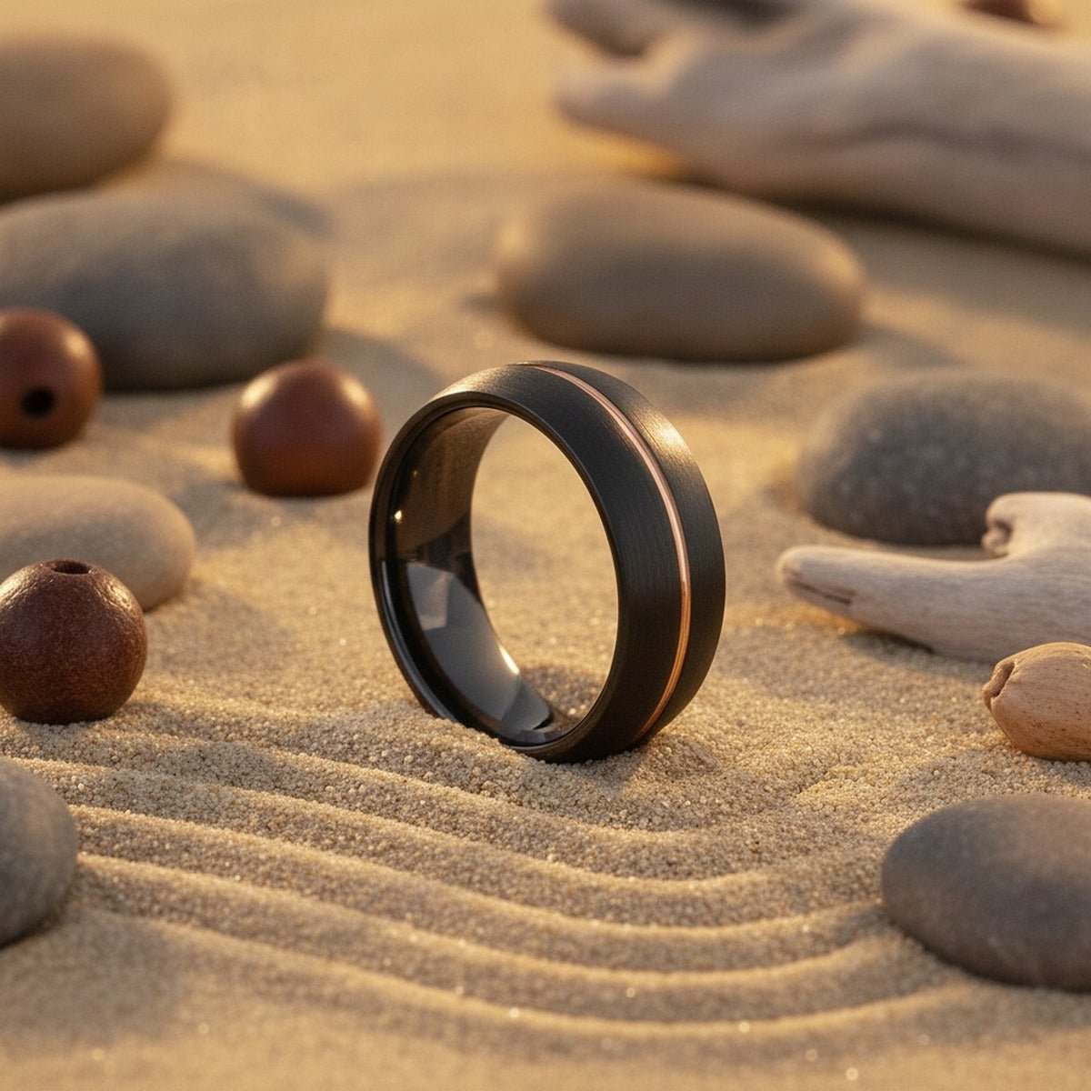 Aydins EXHOLM | Black Ring, Black Tungsten Ring, Rose Gold Groove, Domed lifestyle scene, beach zen
