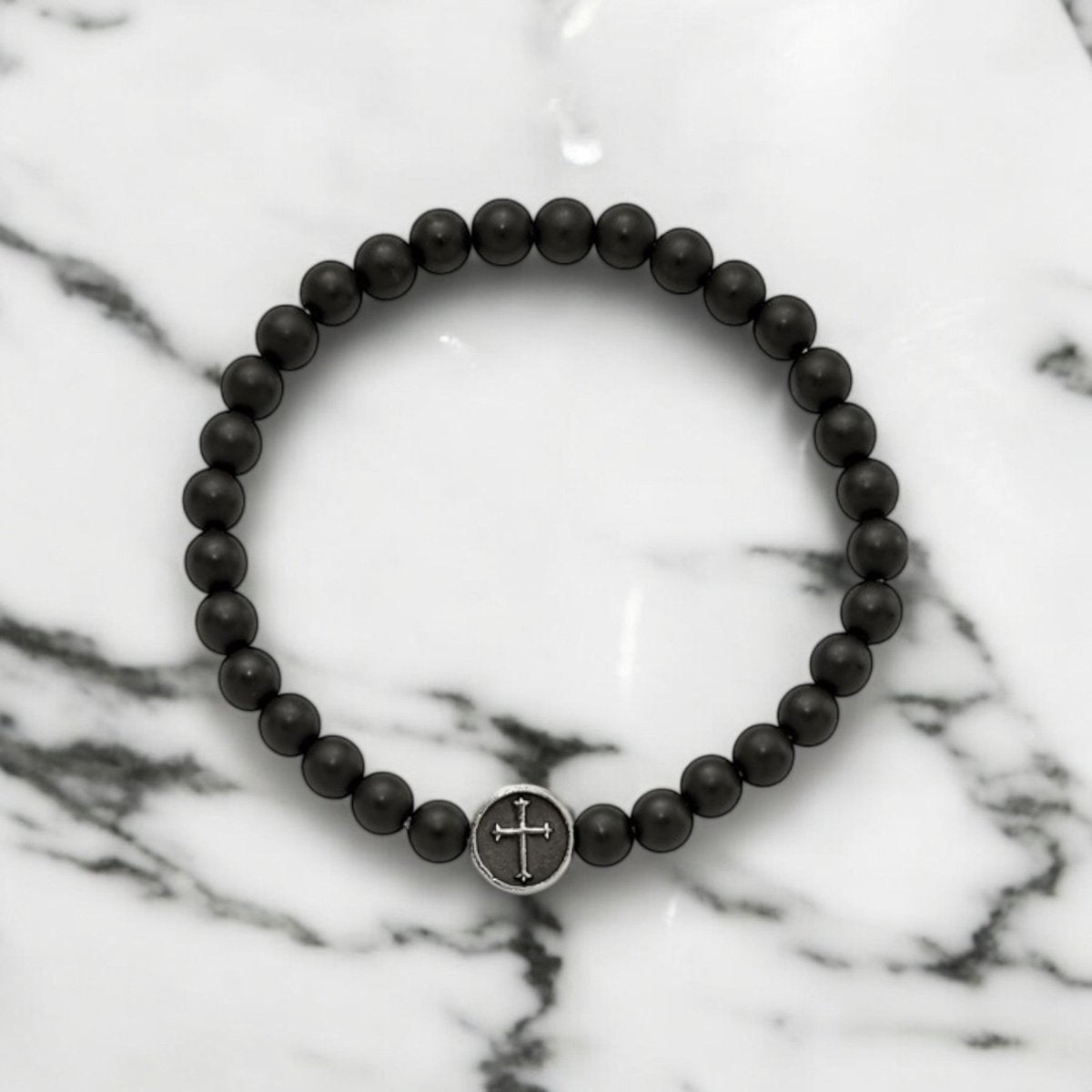 Unisex Black Agate Bracelet with Antiqued Stainless Steel Cross Charm