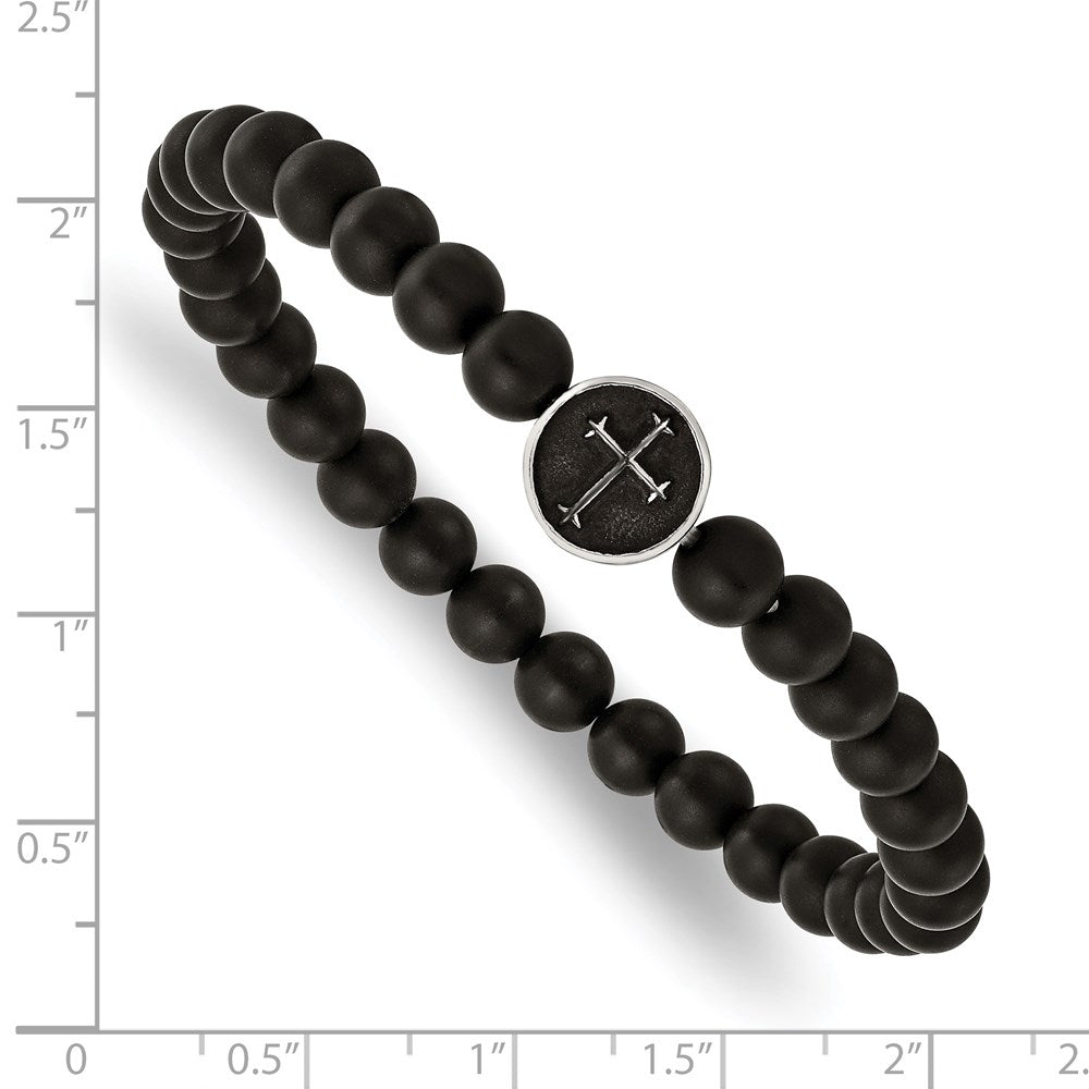 Black Agate Stretch Bracelet with Cross Charm