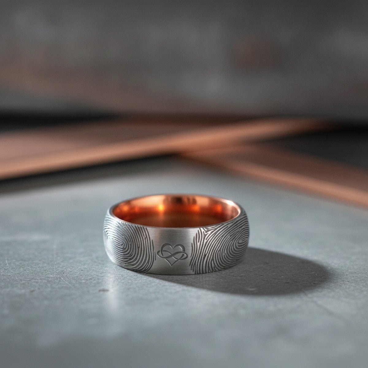 Aydins Fingerprint Ring | Mens Wedding Band, Couple Wedding Ring, Memorial Ring lifestyle scene, concrete industrial