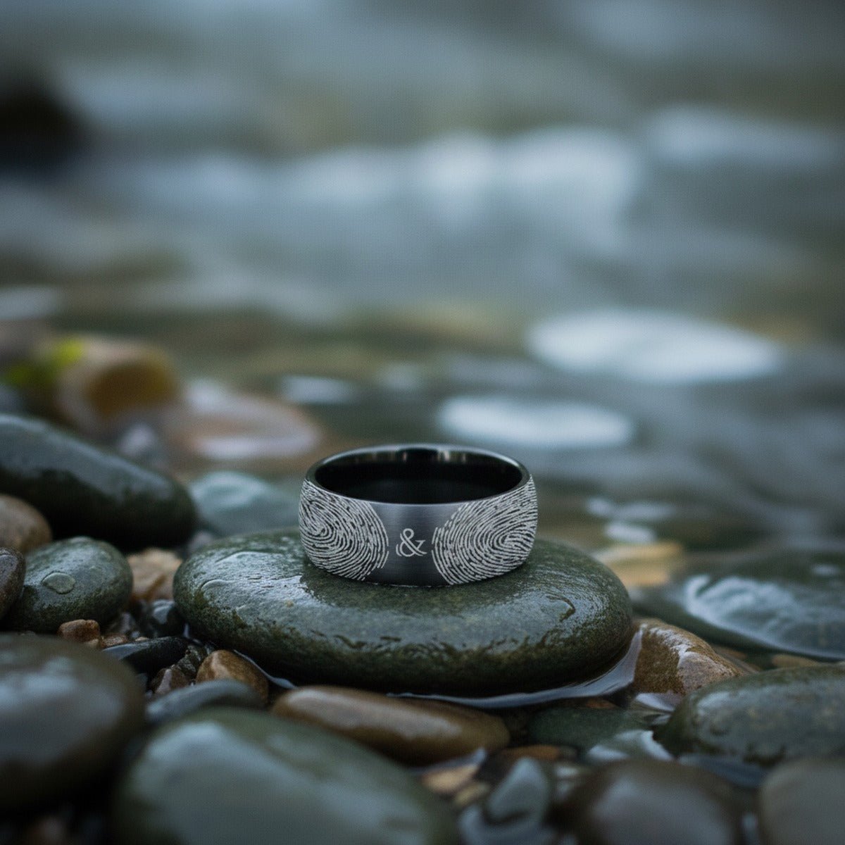 Aydins Fingerprint Ring | Mens Wedding Band, Couple Wedding Ring, Memorial Ring lifestyle scene, river stones