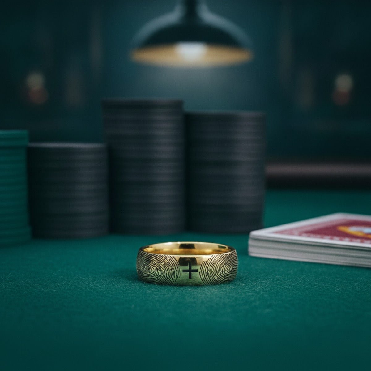 Aydins Fingerprint Ring | Mens Wedding Band, Couple Wedding Ring, Memorial Ring lifestyle scene, poker felt