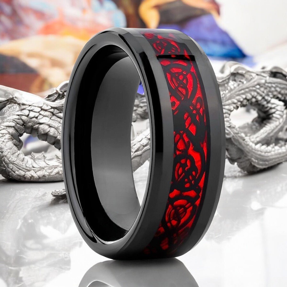 Mythical Red Celtic Dragon Tungsten Ring | Men's Ring | Wedding Ring | Comfort Fit | 6mm | top 8 mm