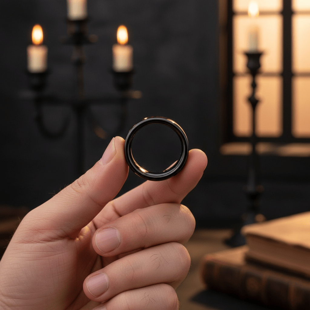 FIREFORGE — Held between fingers close-up — men's tungsten wedding ring.