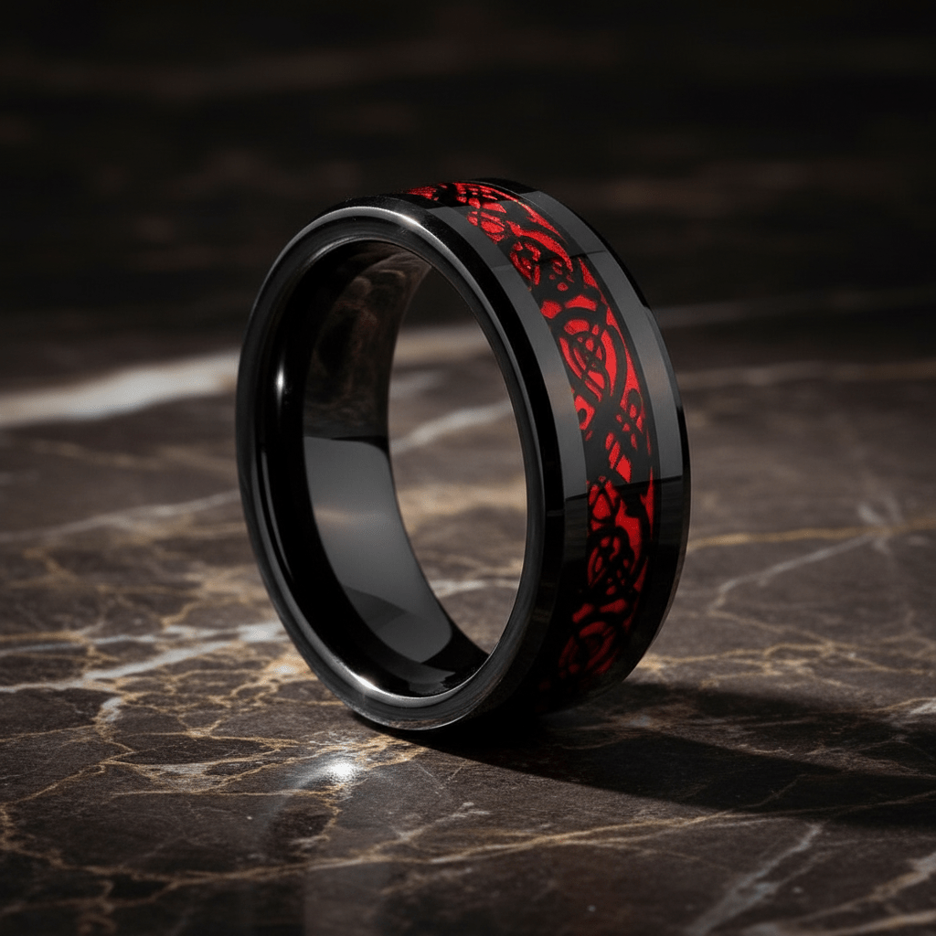 FIREFORGE — Luxury 3/4 angle on dark marble — men's tungsten wedding ring.