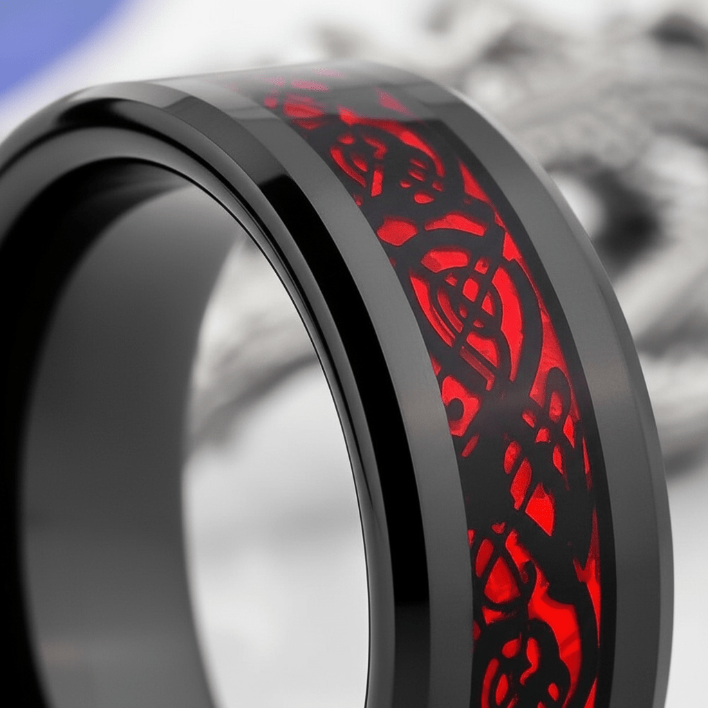FIREFORGE — Extreme macro detail — men's tungsten wedding ring.