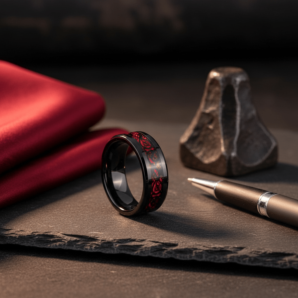 FIREFORGE — Editorial masculine still life — men's tungsten wedding ring.