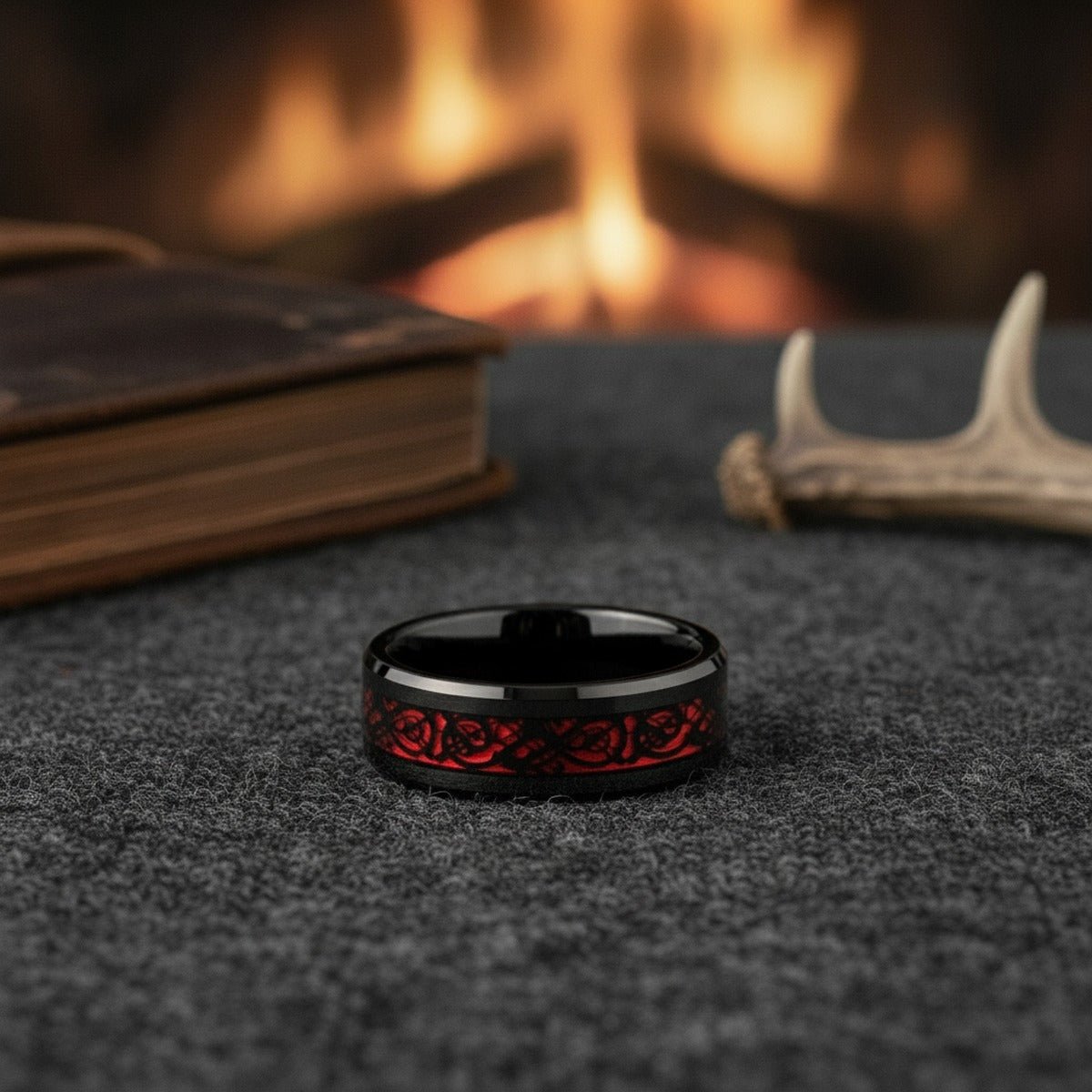 Aydins FIREFORGE | Polished Black Tungsten Red Celtic Dragon Beveled Wedding Ring — 8mm lifestyle scene, hunting lodge antler