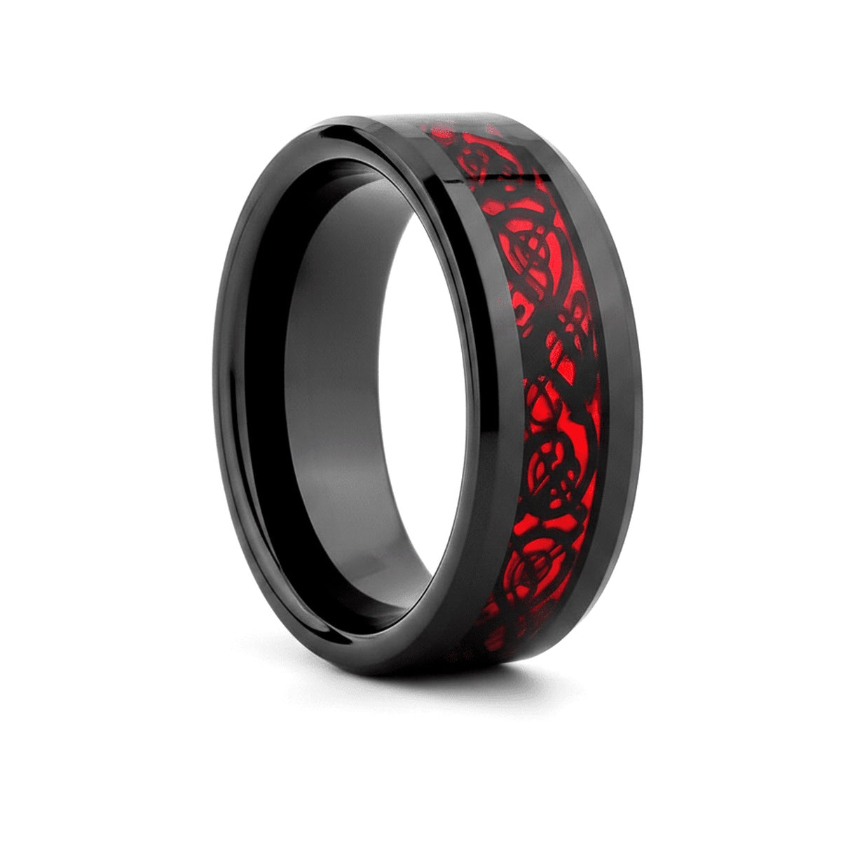 FIREFORGE black tungsten wedding ring with red Celtic dragon design inlay - front view