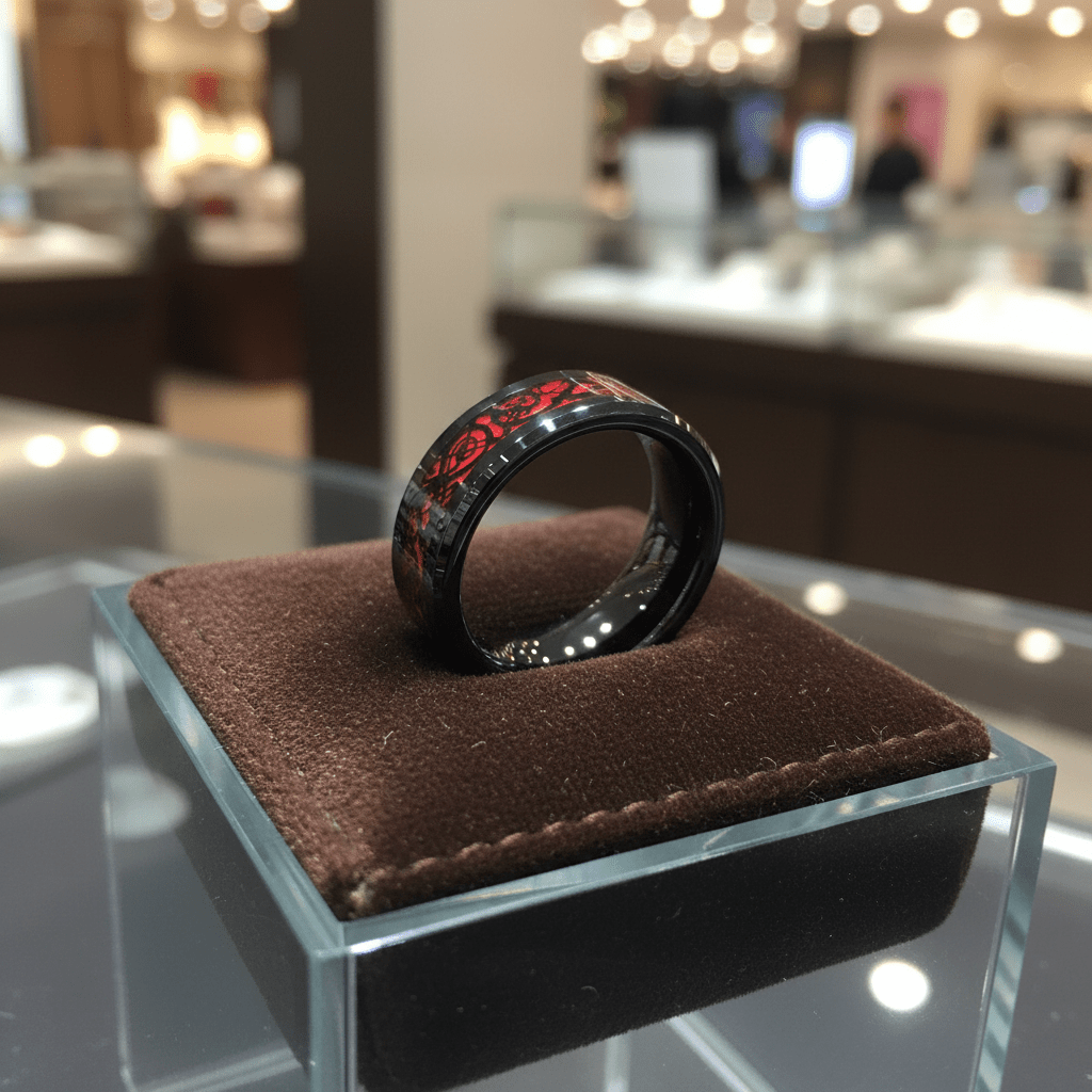 FIREFORGE — Premium boutique display on velvet — men's tungsten wedding ring.