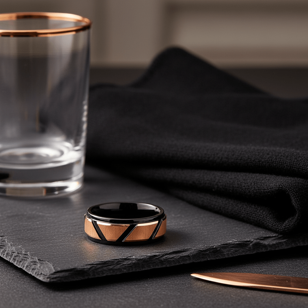 FISONE — Editorial masculine still life — men's tungsten wedding ring.