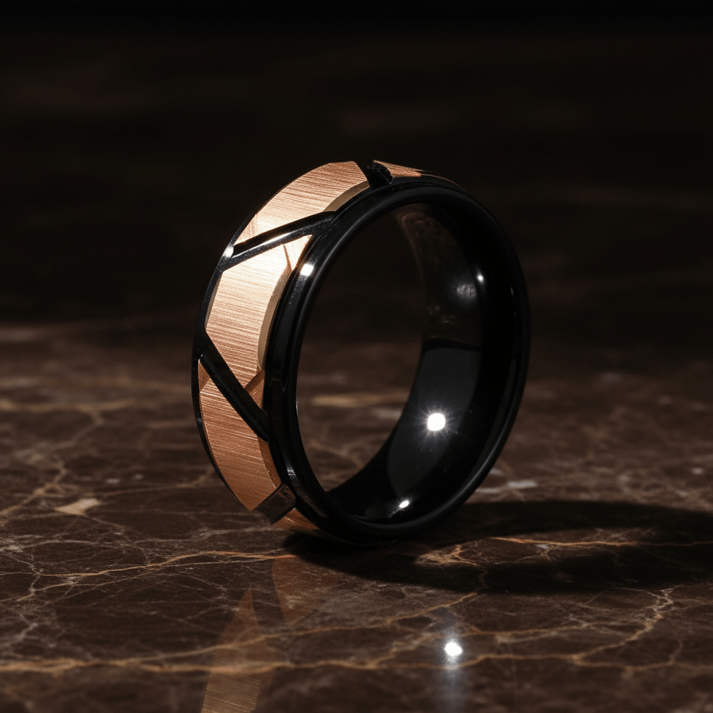 FISONE — Luxury 3/4 angle on dark marble — men's tungsten wedding ring.