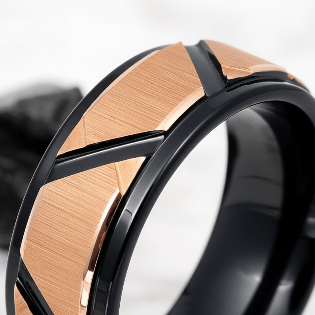 FISONE — Extreme macro detail — men's tungsten wedding ring.