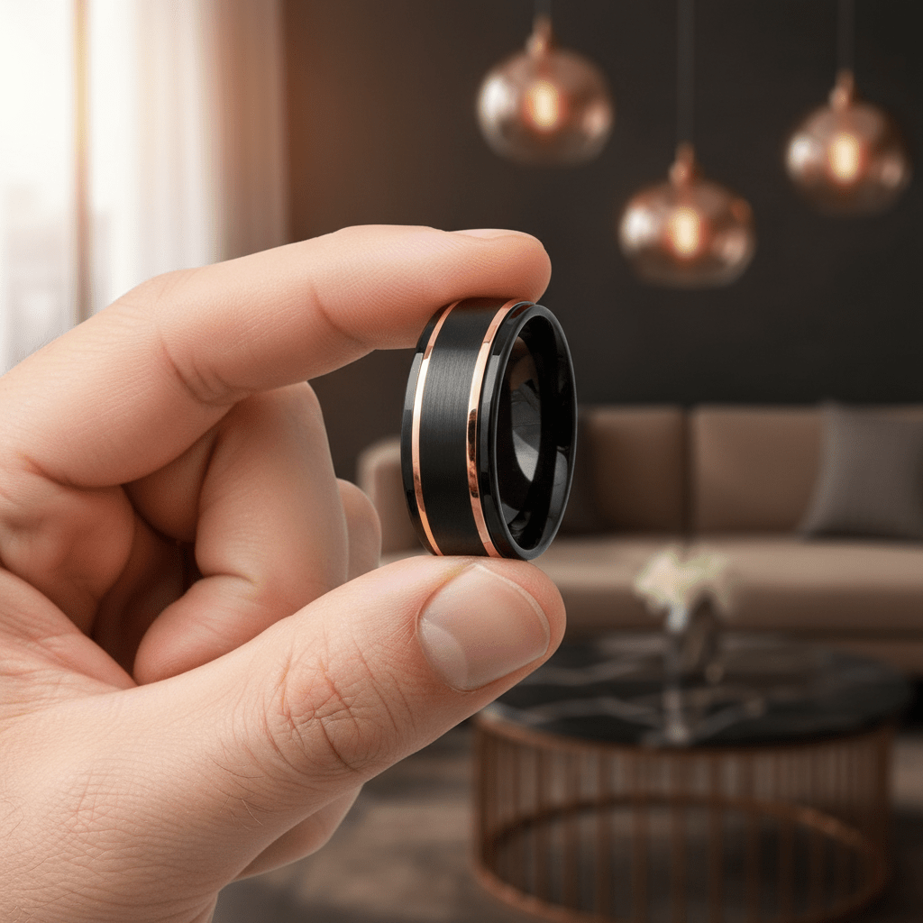 FISONE — Held between fingers close-up — men's tungsten wedding ring.