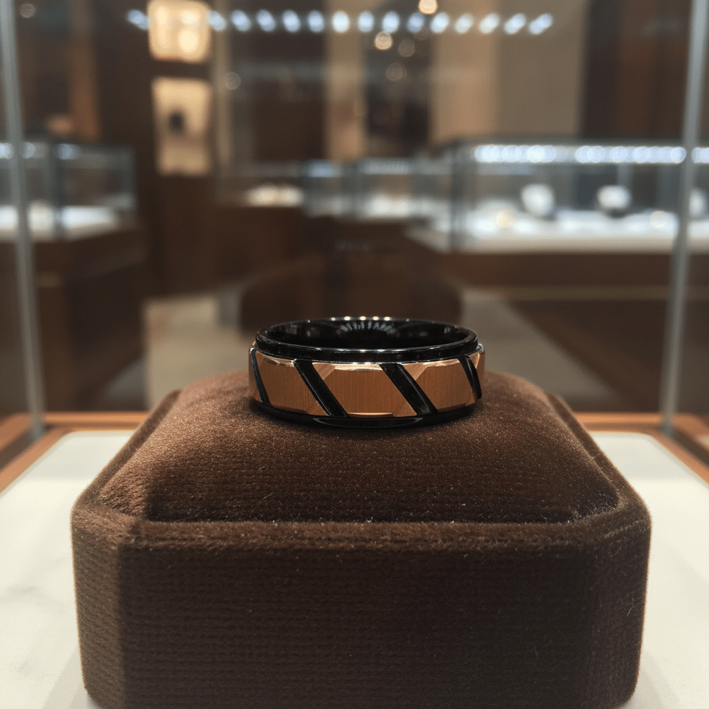FISONE — Premium boutique display on velvet — men's tungsten wedding ring.
