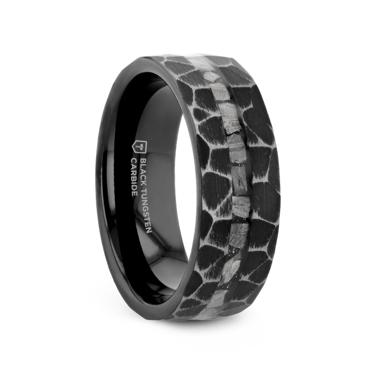 FISSURE black tungsten ring with hammered finish and meteorite inlay