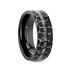 FISSURE black tungsten ring with hammered finish and meteorite inlay