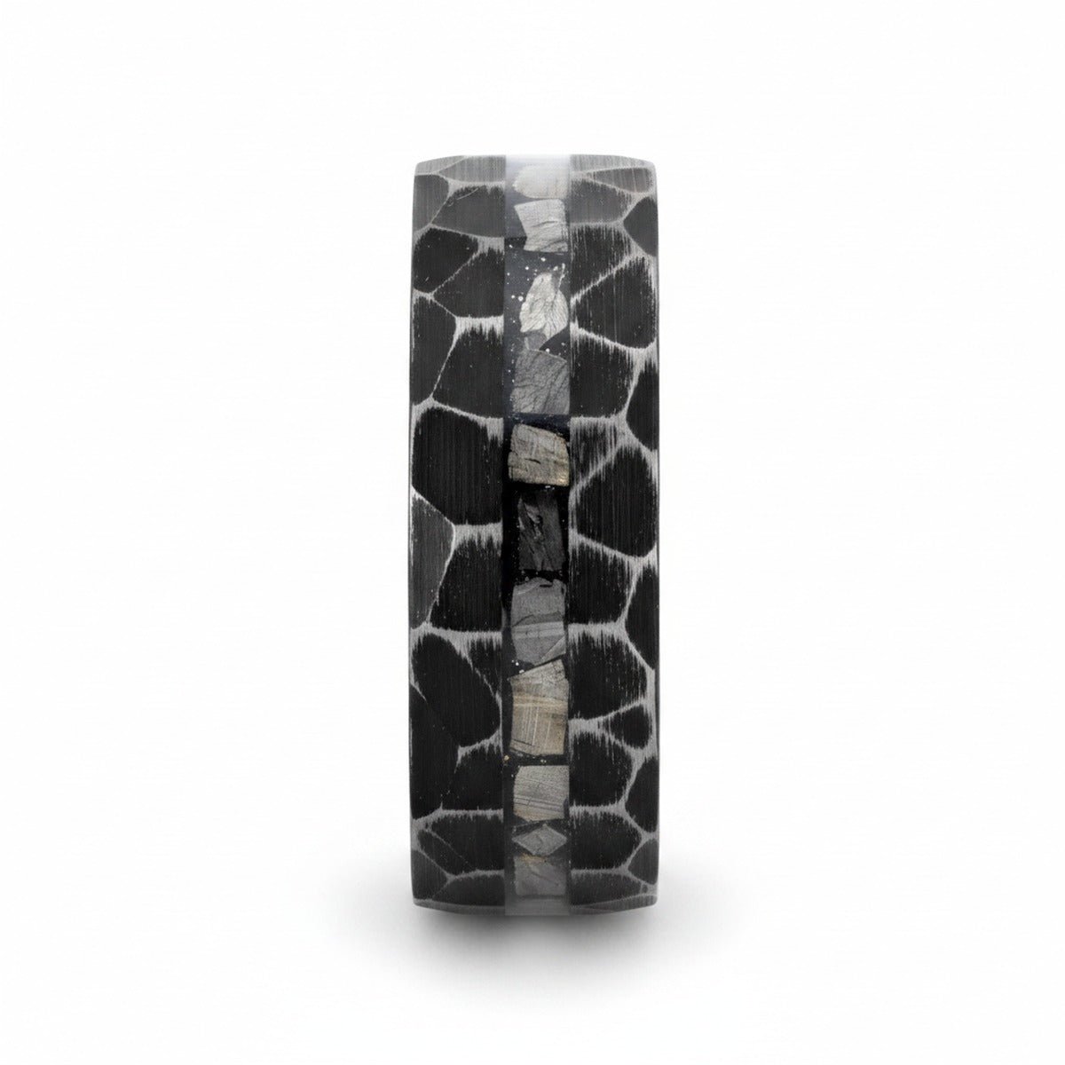 FISSURE black tungsten ring side profile showing band thickness and meteorite inlay edge
