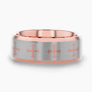 FLEUR rose gold tungsten ring with fleur cross laser-engraved at the center – Aydins Jewelry