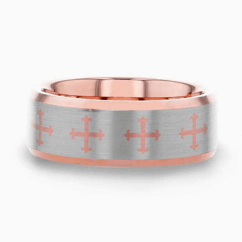 FLEUR rose gold tungsten ring with fleur cross laser-engraved at the center – Aydins Jewelry