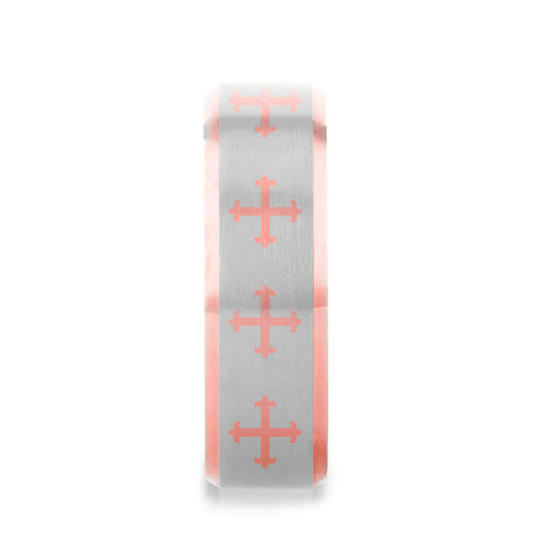 FLEUR rose gold tungsten ring with fleur cross laser-engraved at the center – Aydins Jewelry