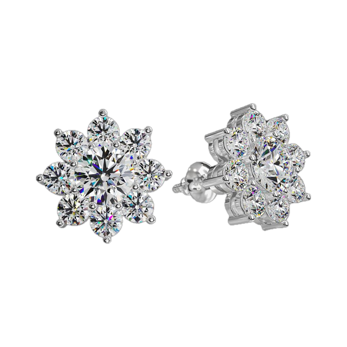 Floral lab-grown diamond stud earrings in sterling silver, studio hero photo