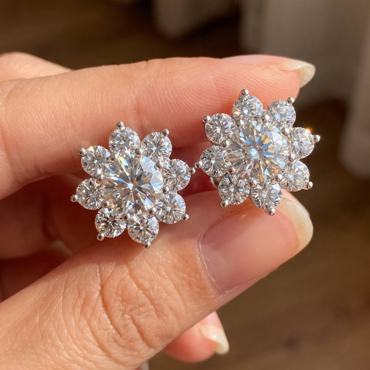 Floral lab-grown diamond stud earrings in sterling silver, held in hand, close-up