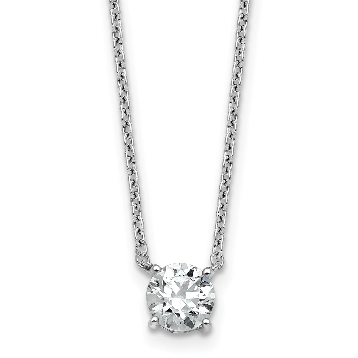 Four Prong Round Diamond Solitaire Necklace, silver, lab grown diamonds, studio view, 0.75 ct