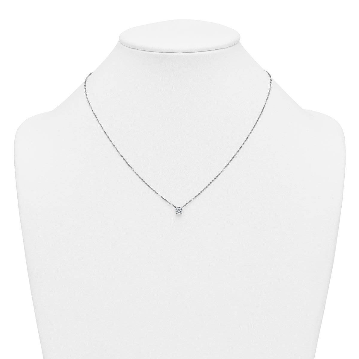Four Prong Round Diamond Solitaire Necklace, silver, lab grown diamonds, on display bust, 0.50 ct