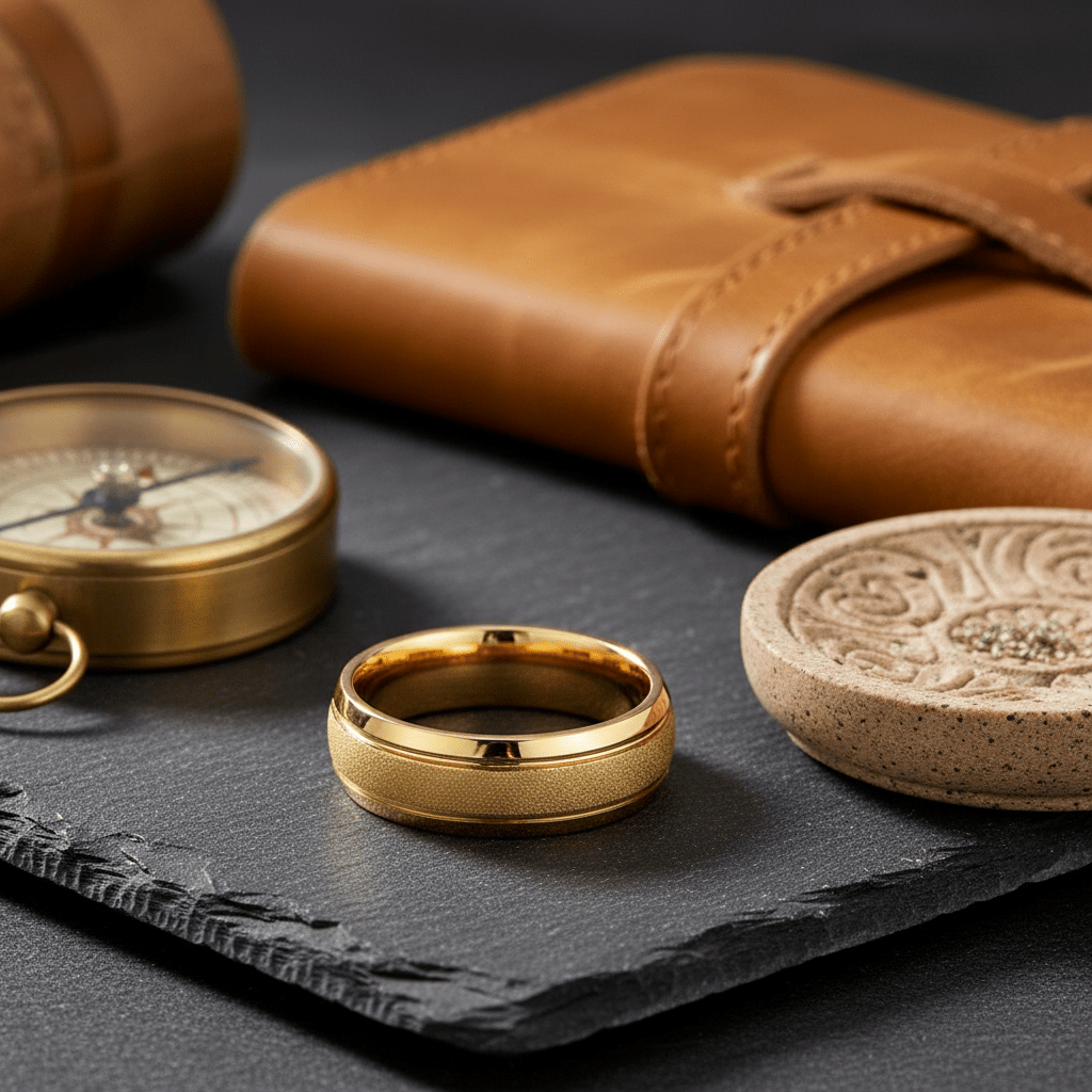 FRANCO — Editorial masculine still life — men's tungsten wedding ring.