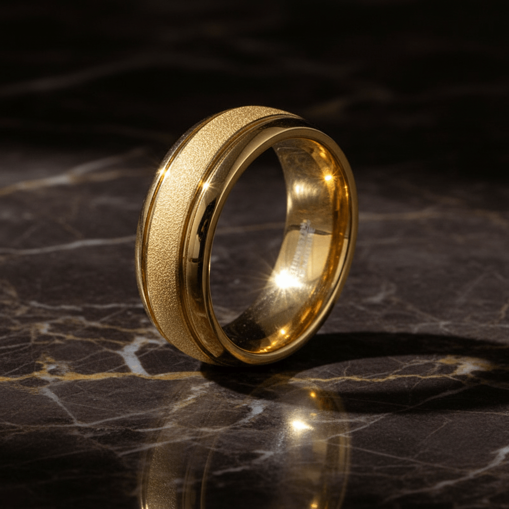 FRANCO — Luxury 3/4 angle on dark marble — men's tungsten wedding ring.