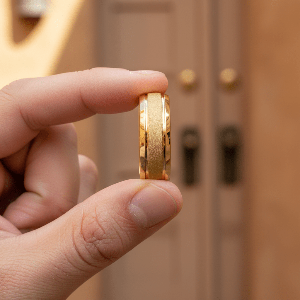 FRANCO — Held between fingers close-up — men's tungsten wedding ring.