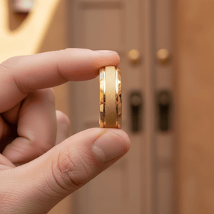 FRANCO — Held between fingers close-up — men's tungsten wedding ring.