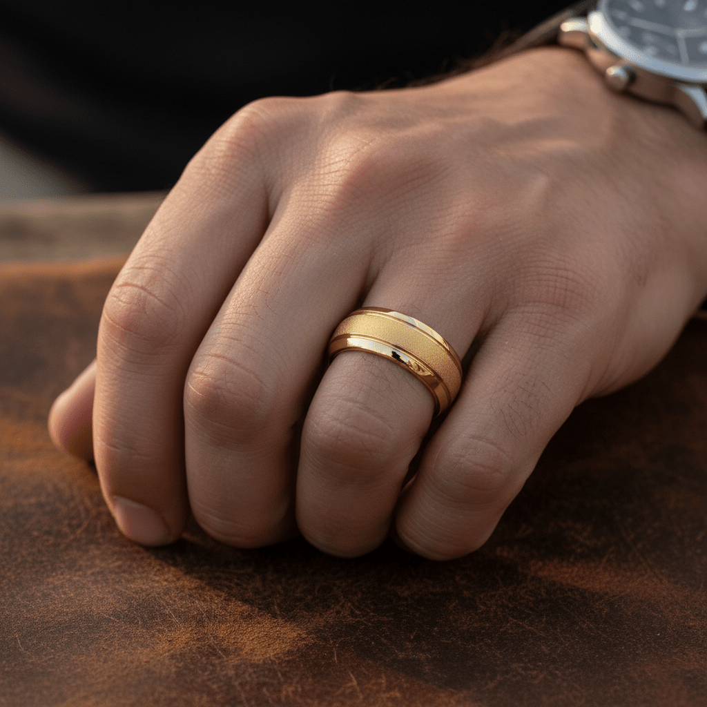 FRANCO — Lifestyle photo on hand — men's tungsten wedding ring.