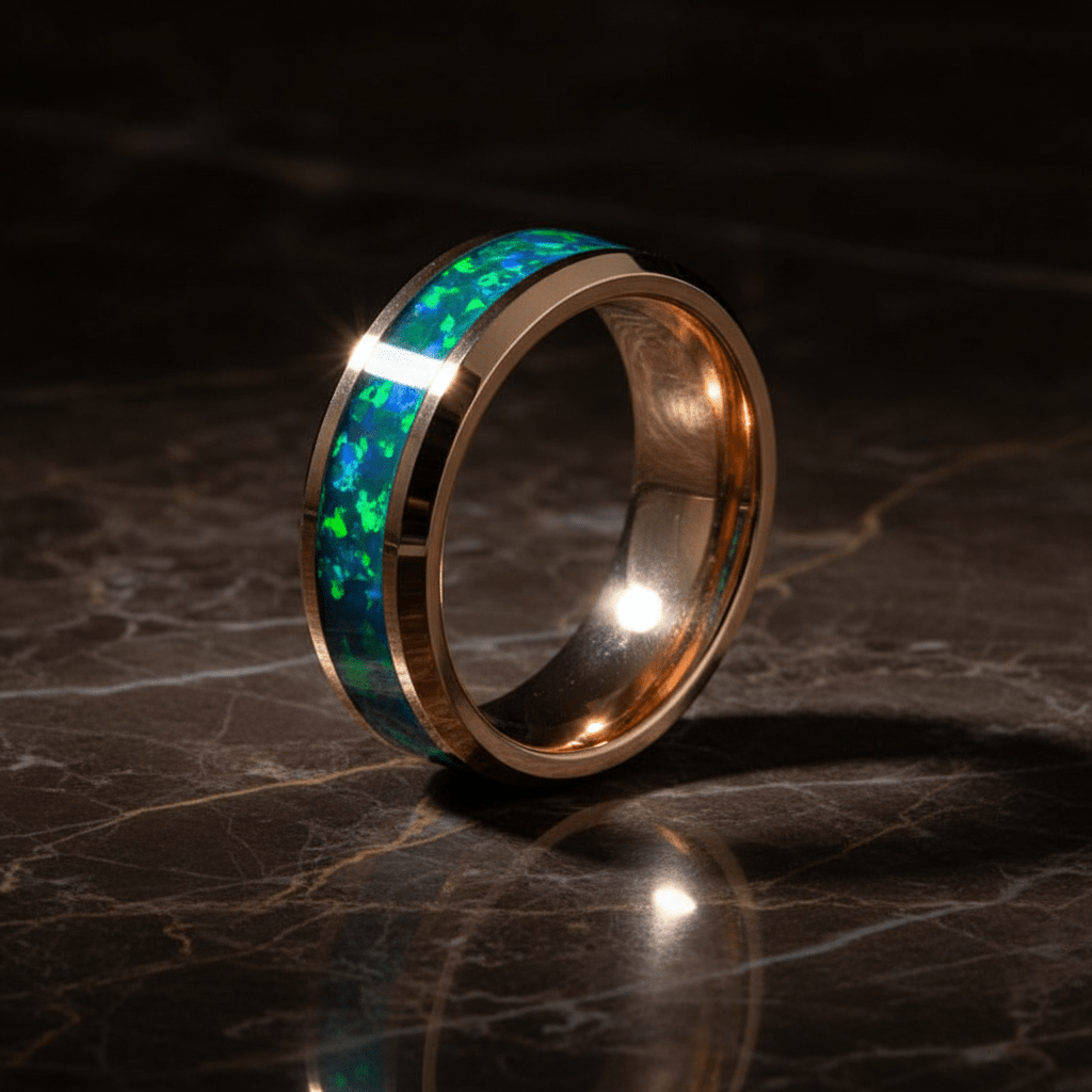 FUROR — Luxury 3/4 angle on dark marble — men's tungsten wedding ring.