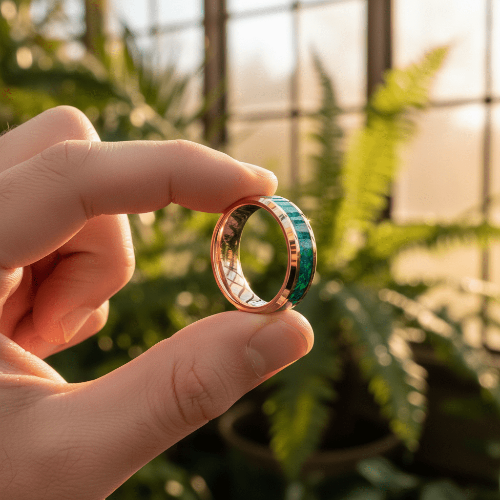FUROR — Held between fingers close-up — men's tungsten wedding ring.