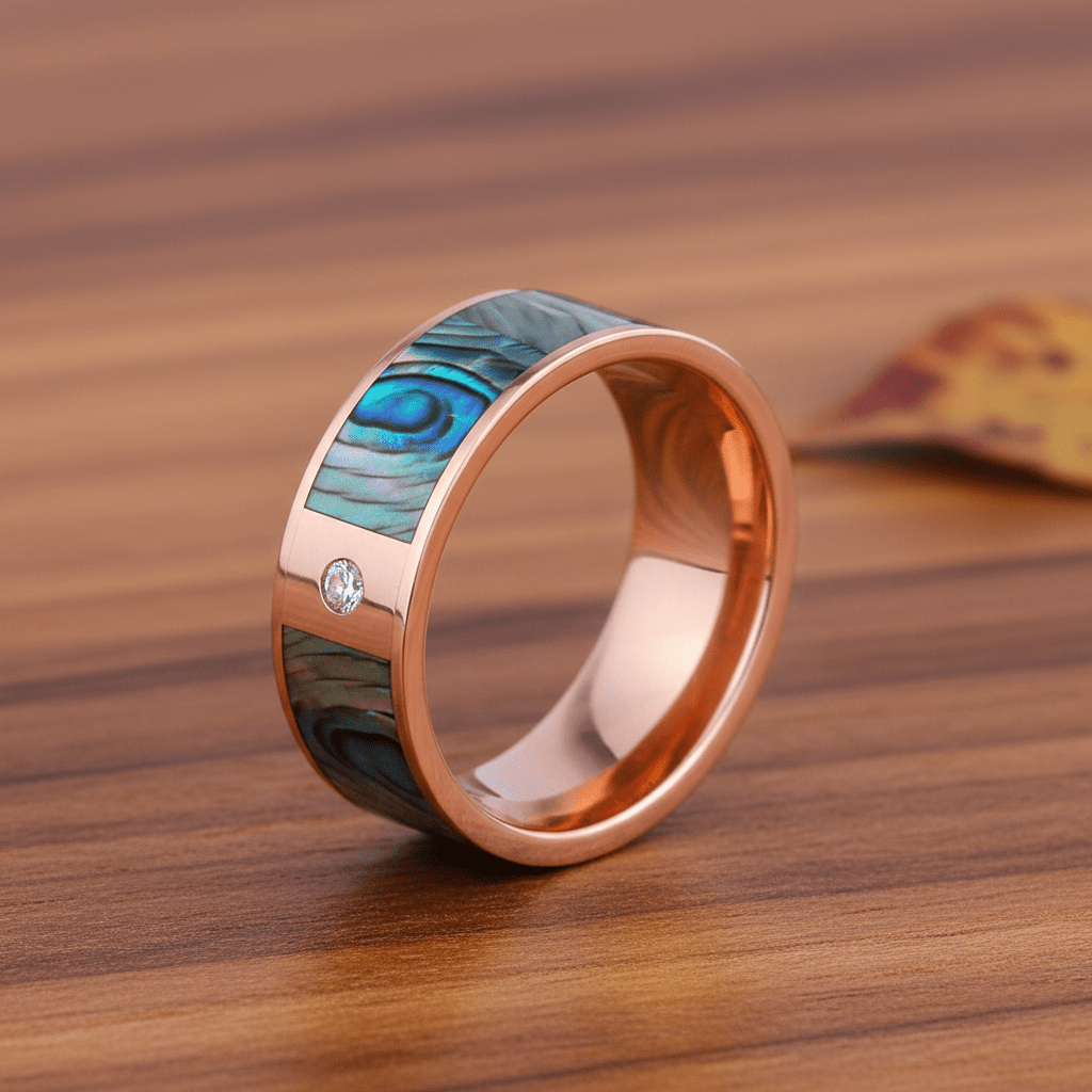 Mother of Pearl inlay 14k yellow gold wedding band 8mm with diamond, additional view 10
